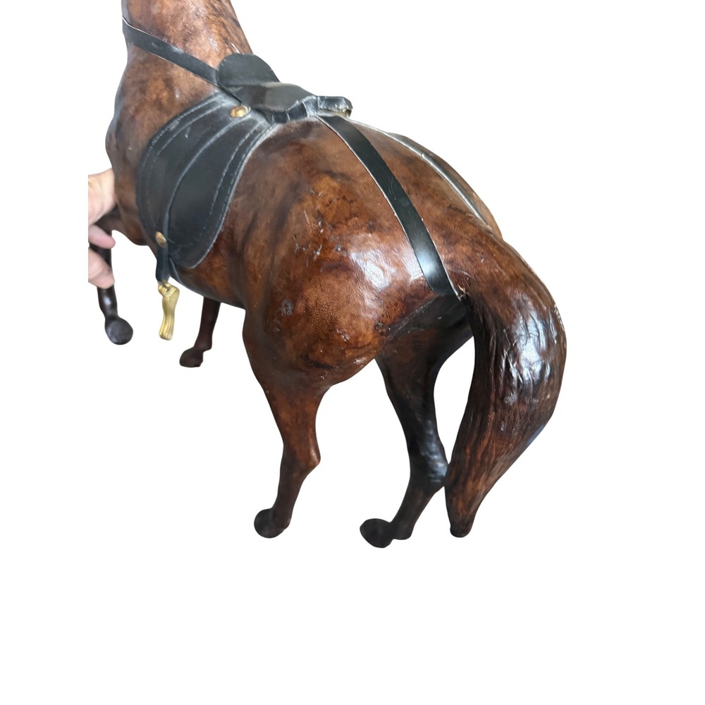Vintage Leather Wrapped Horse Figurine Statue Equestrian Decor Brown Saddle - Picture 7 of 8